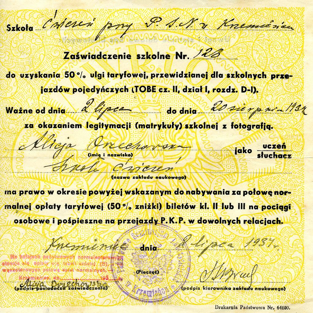 KKE 097.jpg - Zaświadczenie szkolne Alicji Orzechowskiej uprawniające do zniżki kolejowej, 02.VII.1931 r.